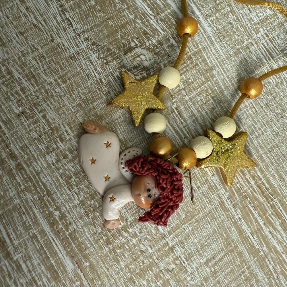 Gold & Cream Clay Angel with Stars and beads Necklace, 26" - Picture 9 of 13